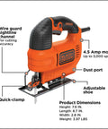 Versatile 4.5 Amp Corded Electric Jigsaw Delivering Killer Wood And Metal Cuts With Variable Speed Up To 3000 Spm showing motor specs and design features.