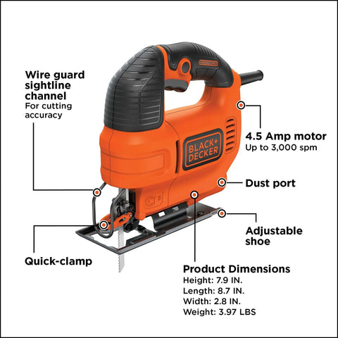 Versatile 4.5 Amp Corded Electric Jigsaw Delivering Killer Wood And Metal Cuts With Variable Speed Up To 3000 Spm showing motor specs and design features.