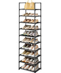 Tall 10-Tier Shoe Organizer With Detachable Fabric Shelves And Metal Frame For Closet Entryway And Living Room, filled with shoes