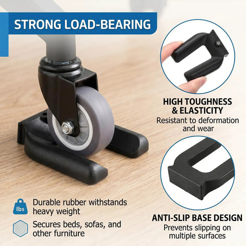 4 Pack Black Rubber Anti Slip Wheel Stoppers Lock Down Rolling Furniture With No Sweat Setup, securing office chair wheels on wooden floor.