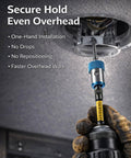 Screwdriver magnetic bit ring with blue knurled collar on a drill, 1/4 hex shank, PH1-PH3 Philips bits for overhead