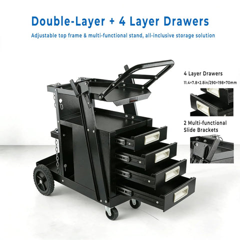 Heavy Duty Welder Cart With 2 Tier 4 Drawer Storage, 265 Lbs Load Capacity, dual cylinder slots and safety chains visible