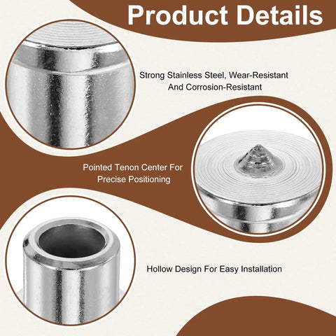 10 Pack 12mm Dowel Center Pins For Woodworking, close-up on stainless steel material and sharp pointed tenon design for alignment