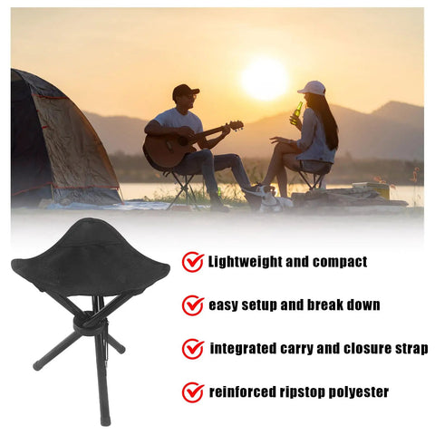 Travel Folding Camping Stool Portable Tripod Chair For Outdoors Fishing Picnic Beach Mountaineering Garden Lawn Camping Gear That Stows Easy Carry Lightweight Sturdy Seat For Any Terrain, shown with people enjoying outdoor activities.