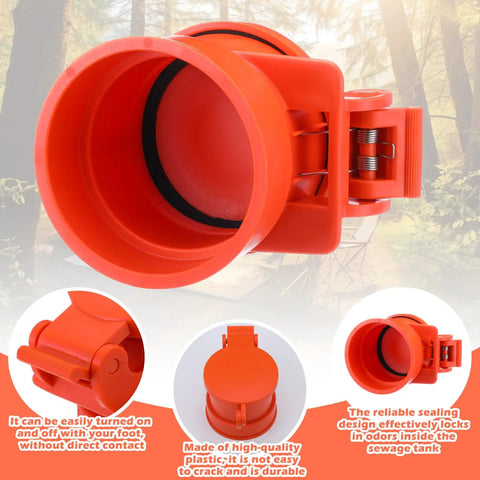 Foot Pedal RV Sewer Cap 4 Inch Odorless Easy Thread Into Standard PVC Collar Female Sewer Cap in Bright Orange