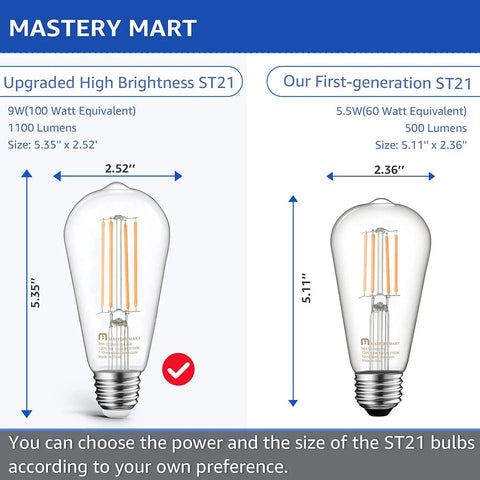Comparison of Retro E26 LED Filament Bulb ST21 Glass Edison Style for brightness and size with specifications.