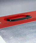 Close-up of 24 Inch Steel Sheet Metal Folding Tool with grips, red, for standing seam roofing panels drip edge bender hand tool.