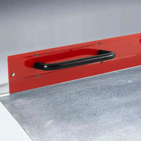 Close-up of 24 Inch Steel Sheet Metal Folding Tool with grips, red, for standing seam roofing panels drip edge bender hand tool.