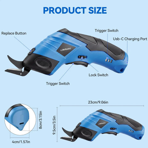 Rechargeable Electric Scissors USB Cordless Fabric Cutter For Cardboard Craft Sewing & Home Projects Lightweight Power Tool side view with detailed buttons.