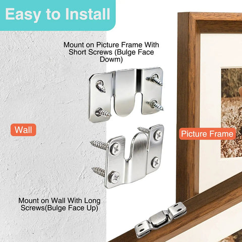 Built Tough Heavy Duty Flush Mount Brackets 6 Pairs With Screws For Picture Frames Headboards And Furniture Interlocking Hangers Stainless Steel 66 Lb Load Anti Fall Wall Mount Hardware 56x30mm Silver installed on wall and picture frame