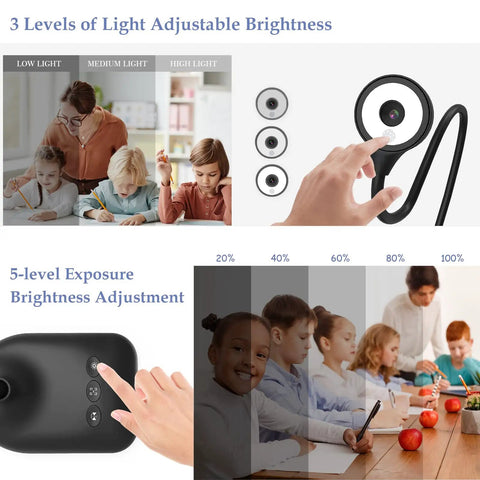 Straight Plug Usb Document Camera With Webcam Toggle For Teachers And Streamers Boasting A3 Scanning Adjustable Gooseneck Stand Bright Led Array And Smart Image Reversal Paired With Sharp Dual Mic Recording Ideal For Zoom Obs And Remote Learning Setup showing adjustable brightness and exposure settings with user interaction.