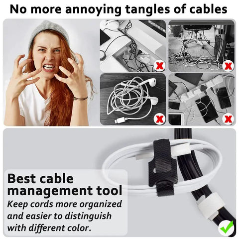 70 Pack Reusable Hook And Loop Cable Ties In Black And White For Easy Cable Management Across Electronics Computers And TV Cables With 4 6 And 8 Inch Lengths For No Fuss Tangle Free Organization, showing organized vs tangled cables