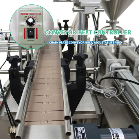 Heavy Duty Automatic Paste Filling Machine With Integrated Conveyor Belt And Dual Piston Nozzles 50L Hopper conveyor belt controller detail.