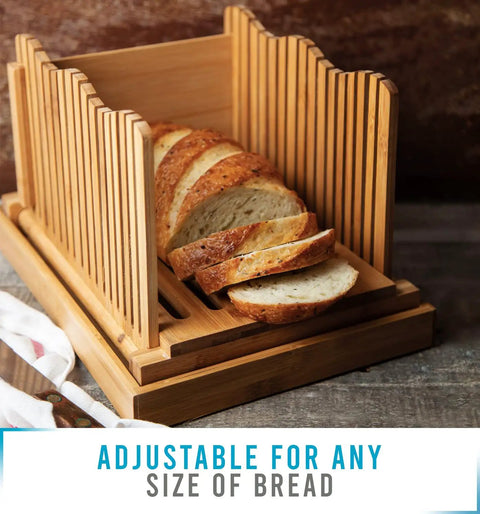 No Mess Bamboo Bread Slicer For Homemade Loaves Adjustable Foldable Bread Cutter With Crumble Tray Compact Cutting Board For Even Thin Or Thick Slices Eco Friendly Kitchen Gadget