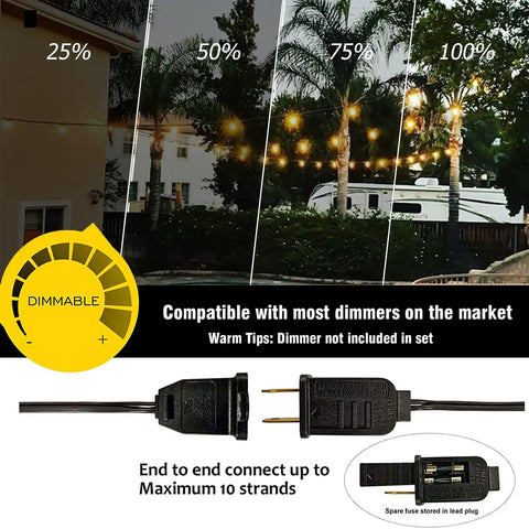 Image showing the dimmable feature of the 100Ft Outdoor LED G40 Globe String Lights Waterproof IP44 With 52 Shatterproof Bulbs Plus 2 Extras.