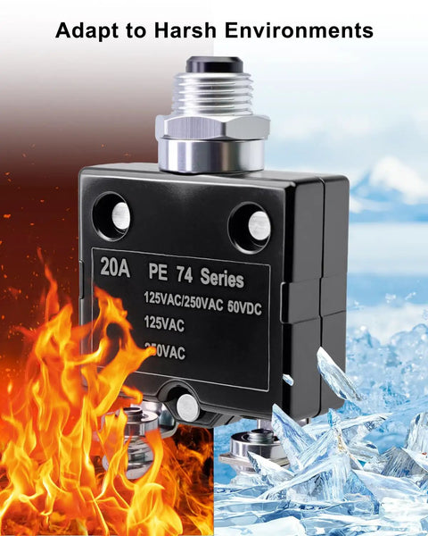 Heavy Duty 20 Amp Circuit Breaker And Overload Protector For Electrical Panels, designed for harsh conditions, featuring fire and ice elements.