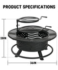 36 Inch Fire Pit With Dual Cooking Grates And Lid For Backyard Grilling And Chill Sessions Outdoor Wood Burning Tabletop Style Pit Steel Round Bonfire Pit With Cover In Black, showing height and diameter specifications.