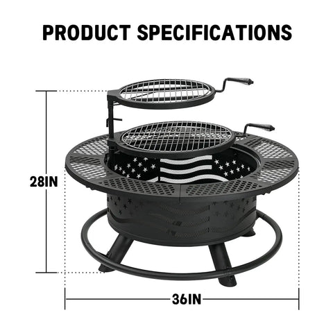 36 Inch Fire Pit With Dual Cooking Grates And Lid For Backyard Grilling And Chill Sessions Outdoor Wood Burning Tabletop Style Pit Steel Round Bonfire Pit With Cover In Black, showing height and diameter specifications.