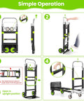 Instructions for using 3-In-1 Folding Hand Truck Dolly With Retractable Handle And Four Wheels to convert between modes.