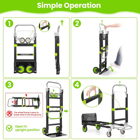 Instructions for using 3-In-1 Folding Hand Truck Dolly With Retractable Handle And Four Wheels to convert between modes.