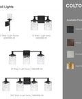 Colton Mid-Century Clear Water Glass Bathroom Vanity Light, Four-Light Matte Black Wall Fixture, 400 Total Watts display options.