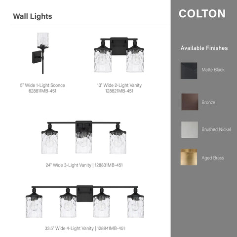 Colton Mid-Century Clear Water Glass Bathroom Vanity Light, Four-Light Matte Black Wall Fixture, 400 Total Watts display options.