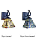 Mission Tiffany Style 1 Light Wall Sconce In Blackish Bronze With Multicolor Glass 6 Inch Wide E26 60W Max, illuminated and non-illuminated.