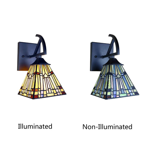 Mission Tiffany Style 1 Light Wall Sconce In Blackish Bronze With Multicolor Glass 6 Inch Wide E26 60W Max, illuminated and non-illuminated.