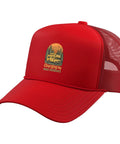 Red Five Panel Trucker Hat With Adjustable Mesh Back For Outdoor Adventure And RV Travel Camping Nature Lovers Breathable Structured Foam Front Cap Built For All Day Comfort And Sunset Chasing On The Go showcasing outdoor graphic design
