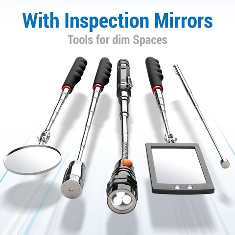 Telescoping Magnetic Pick Up Tool With 1 lb And 15 lb Pickup Rod, Round And Square 360 Swivel Adjustable Inspection Mirror, Flexible LED Flashlight