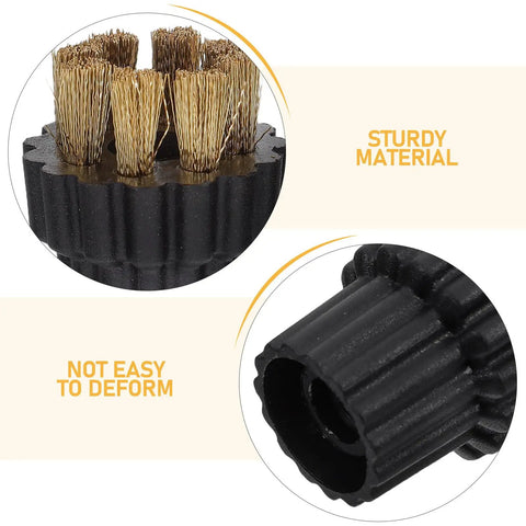 Close-up of No Sweat 10 Piece Steam Cleaner Brush Head Replacement Kit featuring durable steel and copper bristles.