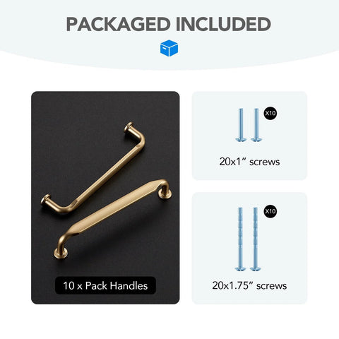 Ten Pack 5 Inch Champagne Bronze Cabinet Handles In Solid Zinc Alloy with screws included for installation.