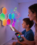 Mother and child using app and remote to control 8 Pack Hexagon LED Wall Panels RGB Color Lights With App Control Music Sync.