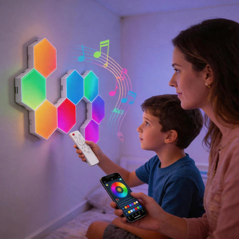 Mother and child using app and remote to control 8 Pack Hexagon LED Wall Panels RGB Color Lights With App Control Music Sync.