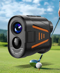 Game Changer Golf Rangefinder With Slope Compensation in use on a golf course with golfer preparing to swing.