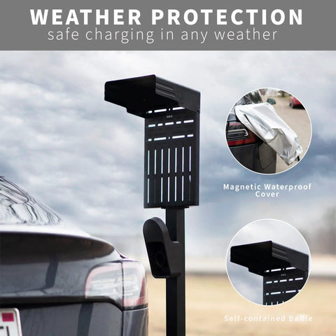 Ride-Ready Outdoor EV Charging Pedestal Housing a Tough Steel Hood Shielding Plug-In Wheels From Storms with magnetic cover.