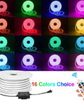RGB Neon Rope Light 50 Feet LED Strip For Indoor Outdoor Use Linkable Up To 150 Feet 120V IP67 Waterproof Multicolor Neon Tape Flexible PVC Rope Light With RF Remote Controller For Ambient Home Decor, showing remote and color options.