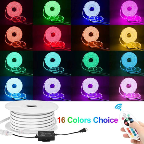 RGB Neon Rope Light 50 Feet LED Strip For Indoor Outdoor Use Linkable Up To 150 Feet 120V IP67 Waterproof Multicolor Neon Tape Flexible PVC Rope Light With RF Remote Controller For Ambient Home Decor, showing remote and color options.