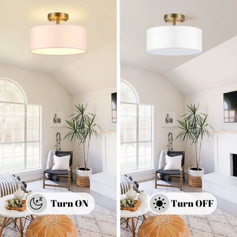 Cool 15 Inch Drum Light Semi Flush Mount Ceiling Light Fixture With White Fabric Drum Shade And Brass Finish Easy Install Dimmer Compatible For Bedroom Dining Room Living Room shown in a modern room with on and off states