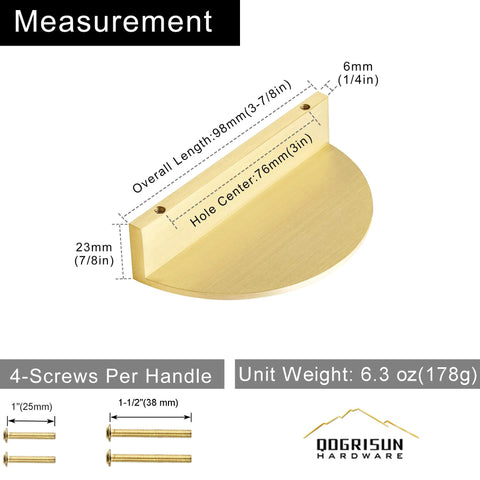 Solid Brass Cabinet Pulls 5 Pack Gold Half Moon Drawer Handles measurement details, 3 inch hole center, 3.9 inch length.