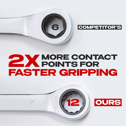 Comparison of 6-point competitor wrench and 12-point One And One Sixteenth Inch Ratchet Wrench With 113 Tooth Ratcheting Precision.