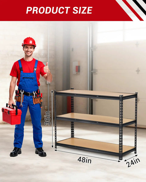 Beefy Heavy Duty Garage Storage Shelves 3 Tier Metal Shelving Unit 48 By 24 By 36 Inches Industrial Grade Steel With 1320 Lbs Total Load Capacity For Tools, Boxes, And Garage Gear. 3-tier steel rack with 48in x 24in x 36in size