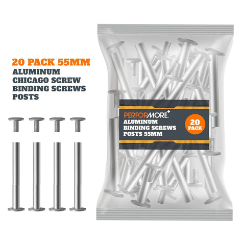 Twenty Pack 55mm Silver Aluminum Chicago Screw Posts Heavy Duty Binding Fasteners displayed in a clear bag.