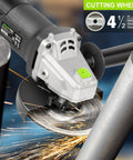 Beast 4.0 Amp 520W Corded Angle Grinder, 4-1/2 Inch, 12000 RPM cutting metal with sparks, auxiliary handle visible
