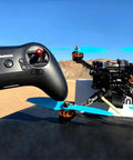 R8FM 8 Channel 2.4GHz Micro RC Receiver with SBUS PPM Output shown with controller and racing drone outdoors