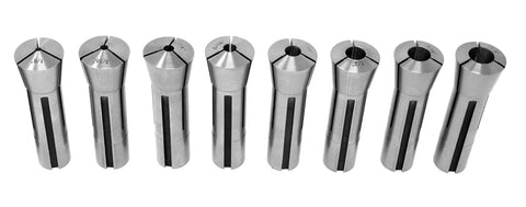 Eight Piece Imperial Steel Collet Set For R8 Milling Machines showing various sizes from 1/8 to 5/8 inch in precision-ground holders