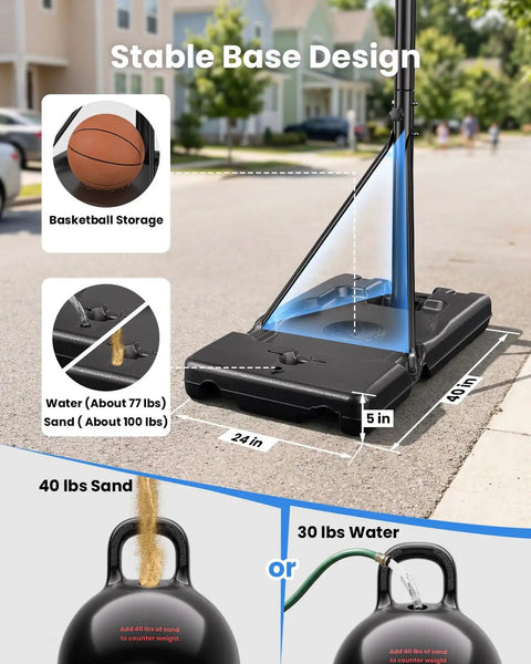 Stable base of Portable Outdoor Basketball Hoop With 3-10Ft Adjustable Height, 40 Inch Shatterproof Backboard, Fillable Base.