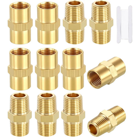 12 Pack Brass Pipe Fittings Set With 6 Pieces 1/8 NPT Male To 1/8 NPT Male Hex Nipples And 6 Pieces 1/8 FNPT To 1/8 FNPT Brass Couplings