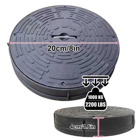 Manhole Cover And Frame Made From PE Plastic With Handle, heavy duty round septic tank lid showing measurements and weight capacity.