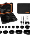 19-Piece Hole Saw Kit With 3/4 To 6 Inch Hole Saws, 13 Blades, 2 Mandrels, 2 Drill Bits, Installation Plate And Hex Key, Pro Grade For Soft Wood Plywood Drywall And PVC Board displayed with case